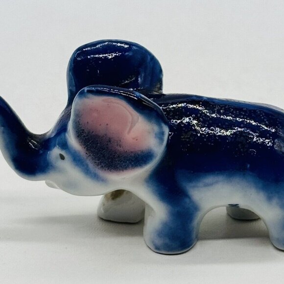 Vintage Blue Porcelain Elephant Figurine Trunk Up Japan Good Luck 3.5 inch - Picture 4 of 8